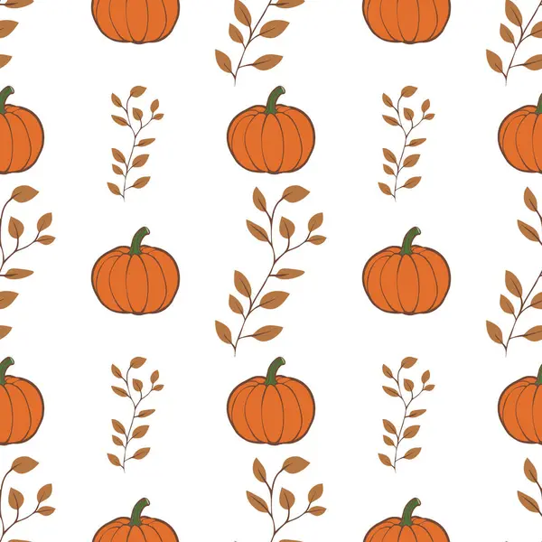 Turuncu balkabakları ve beyaz arka planda narin yapraklardan oluşan, sonbahar temalı tasarımlar için mükemmel bir vektörsüz desen..