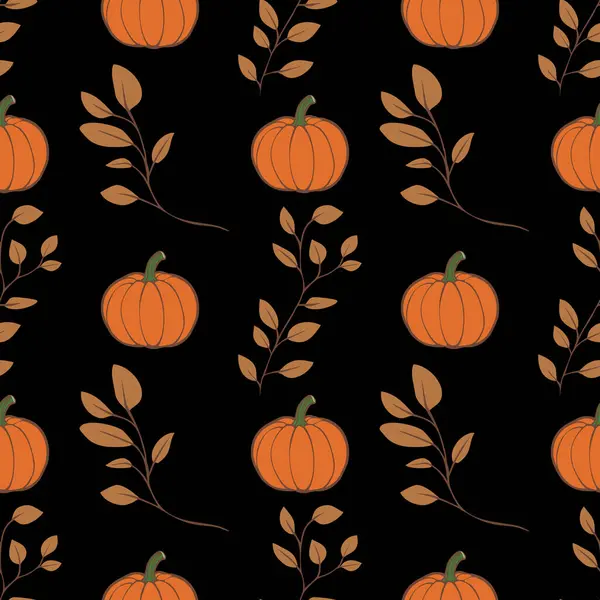 Sonbahar temalı tasarımlar için ideal, siyah bir zemin üzerinde turuncu balkabakları ve kahverengi yapraklardan oluşan pürüzsüz bir desen..