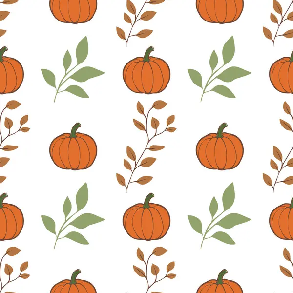 Beyaz zemin üzerinde turuncu kabaklar ve yeşil yapraklardan oluşan, sonbahar temalı tasarımlar için ideal, pürüzsüz bir desen..