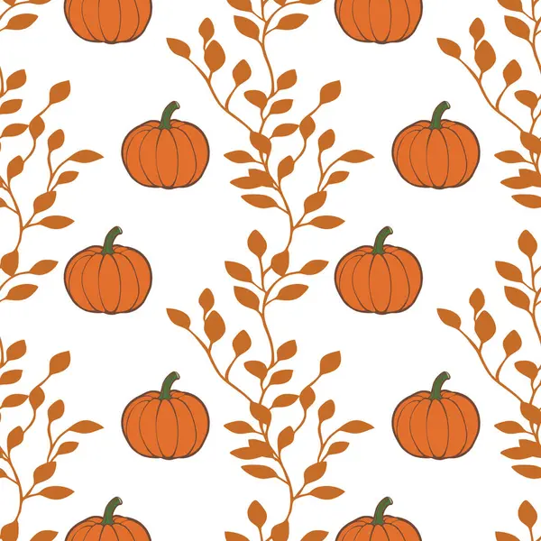 Beyaz arka planda turuncu balkabakları ve kahverengi yapraklardan oluşan, sonbahar temalı tasarımlar için mükemmel bir vektörsüz desen..