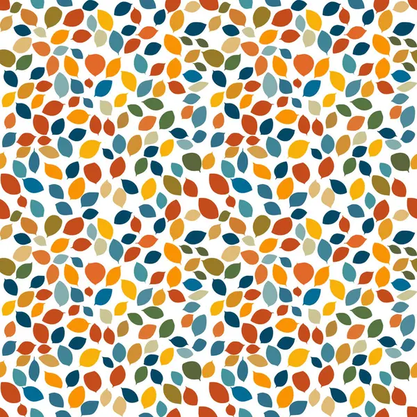 Değişik şekil ve boyutlarda yapraklar içeren canlı ve renkli bir vektör deseni. Yapraklar turuncu, mavi, yeşil, sarı ve bej tonlarındadır.