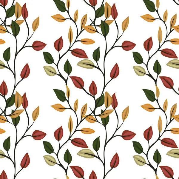 Beyaz arka planda kırmızı, sarı, yeşil ve kahverengi olmak üzere çeşitli renklerde şekillendirilmiş yapraklar içeren kusursuz bir vektör deseni. Tasarım, tekstil veya duvar kağıtları için uygun doğal ve organik bir hisse sahiptir..