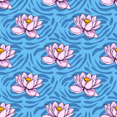 Şekil verilmiş pembe nilüfer çiçekleri içeren kusursuz vektör deseni dinamik soyut dalgalı çizgilerle dinamik ve zarif bir tasarım oluşturan canlı mavi su benzeri bir arka planda çiçek açıyor..