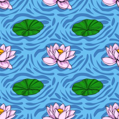 Şekil verilmiş pembe nilüfer çiçekleri ve nilüfer yapraklarının dokulu mavi bir arka planda yüzdüğü sakin, pürüzsüz bir desen, sakinleştirici ve zarif bir tasarım yaratıyor..