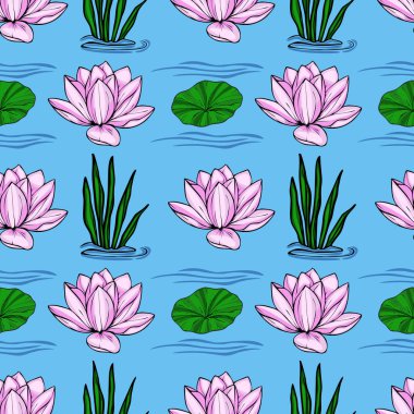 Zarif pembe nilüfer çiçekleri, canlı yeşil nilüfer yaprakları ve sakin bir açık mavi su yüzeyinde zarifçe yüzen yemyeşil su bitkilerinden oluşan pürüzsüz bir desen..