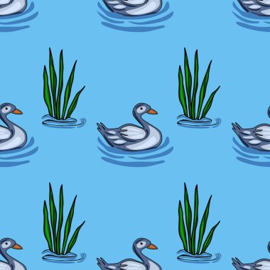 Sakin, açık mavi bir göl üzerinde zarif yeşil kamışların arasında yüzen biçimlenmiş ördekleri içeren büyüleyici, pürüzsüz bir vektör deseni sakin ve eğlenceli bir su manzarası yaratıyor..