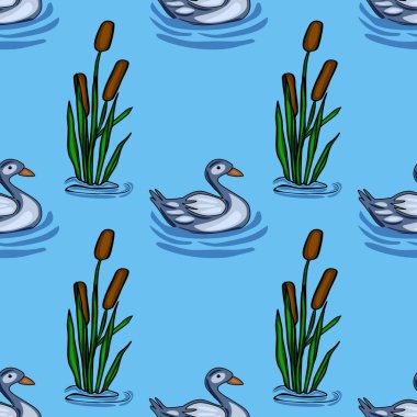 Hareketli yeşil sazlıklar ve sakin açık mavi göl arka planında kahverengi kuyruklar arasında yüzen biçimlendirilmiş gri ördekleri içeren sakin vektörsüz desen..