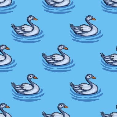 Şekillendirilmiş gri ördekleri içeren kusursuz vektör deseni, sakin bir açık mavi su yüzeyinde zarif bir şekilde süzülerek, çeşitli uygulamalar için sakin ve büyüleyici bir tasarım yaratıyor..