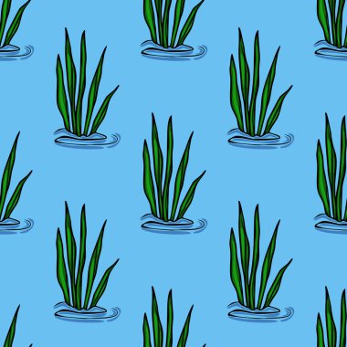 Durgun mavi sudan ortaya çıkan canlı yeşil su bitkilerini içeren kusursuz vektör deseni, tekstil tasarımı veya yaz temalı su altı için ideal ferahlatıcı ve sakin bir sualtı sahnesi yaratır....