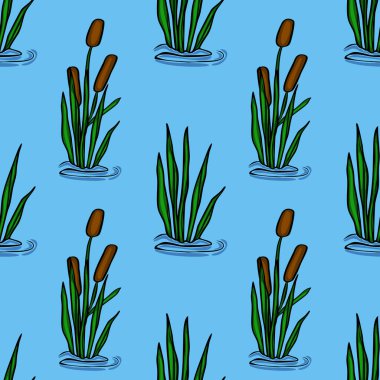 Stilize Typha latifolia (yaygın kanat kuyruğu) bitkilerini içeren kusursuz vektör deseni, durgun mavi sudan ortaya çıkarak, çeşitli uygulamalar için sakin ve doğal bir tasarım yaratmaktadır..