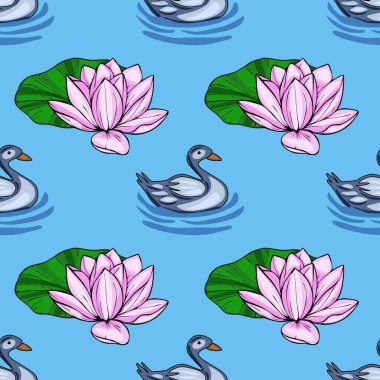 Zarif gri ördeklerin sakin, açık mavi bir göl üzerinde canlı pembe nilüferler arasında yüzerek huzurlu ve uyumlu bir su manzarası oluşturduğu sakin vektörsüz bir desen..