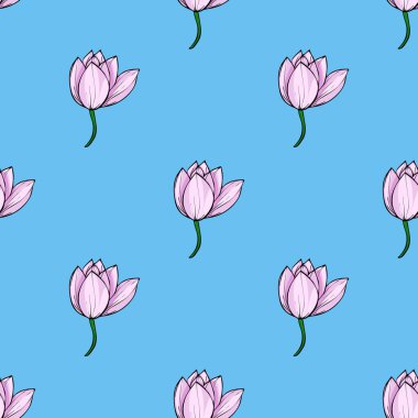 Canlı mavi arkaplan üzerinde açık pembe nilüfer çiçeklerinin tekstil ve dijital tasarımlar için ideal olan tekstil tekrarlayan motifini içeren zarif, pürüzsüz bir şablon..