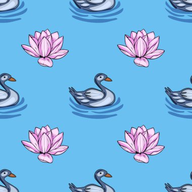 Pembe nilüferlerin arasında, sakin, açık mavi bir zemin üzerinde yüzen şekillendirilmiş gri ördekler, sakin ve zarif bir tasarım yaratıyor..