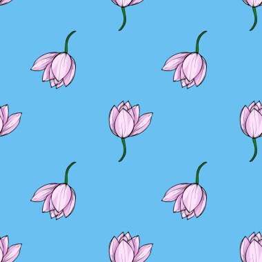 Zarif vektörsüz desen, tekstil baskıları ve duvar kağıtları için ideal, parlak açık mavi arka plana karşı koyu yeşil saplı açık pembe nilüfer çiçeklerinin tekrarlayan motifini içerir.