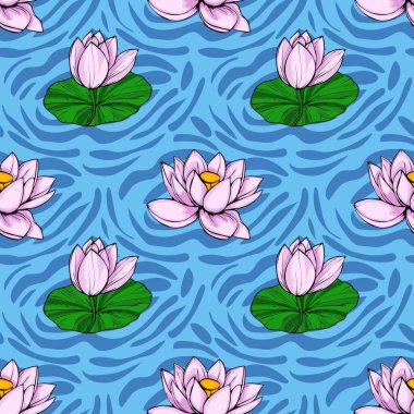 Dinamik mavi su dokusu üzerinde çiçek açan stilize pembe nilüfer çiçekleri içeren hareketli ve pürüzsüz bir desen, sakin ve zarif bir tasarım yaratıyor..