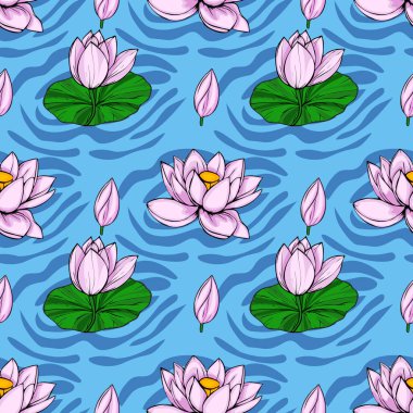 Şekillendirilmiş pembe nilüfer çiçekleri ve tomurcukları dalgalı dokusu olan canlı mavi bir su arka planında yüzen kusursuz vektör deseni..