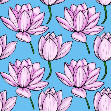 Hareketli, pürüzsüz bir desen üzerinde stilize pembe nilüfer çiçekleri, detaylı yapraklar ve yeşil saplar bulunan açık mavi bir arkaplan, sakin ve zarif bir tasarım yaratıyor..