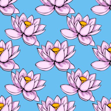 Parlak mavi arka plana karşı cesur hatları olan biçimlendirilmiş pembe nilüfer çiçekleri içeren canlı, pürüzsüz bir vektör deseni, çeşitli uygulamalar için neşeli ve enerjik bir tasarım yaratıyor..