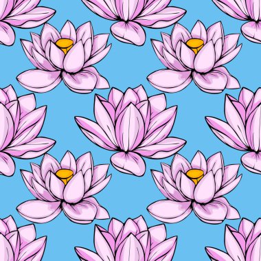 Pembe nilüfer çiçekleri içeren canlı ve pürüzsüz bir desen. Açık mavi arkaplan üzerinde kalın çizgiler var. Canlı ve yazlık bir estetik yaratıyor..