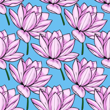 Açık mavi bir zemin üzerinde canlı pembe nilüfer çiçekleri düzenlenmiş kusursuz vektör deseni modern bir çiçek tasarımı için cesur çizgiler ve hassas renk grafikleri sergiliyor..