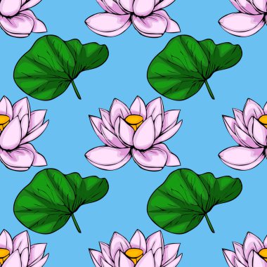 Şekil verilmiş pembe nilüfer çiçekleri ve açık mavi arka planda yemyeşil yapraklar içeren hareketli ve pürüzsüz bir desen, sakin ve zarif bir tasarım yaratıyor..