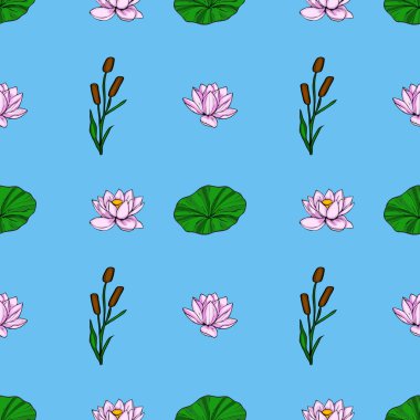 Serene Vektörsüz Desen: Pastel Pembe Zambaklar, Sazlıklar ve Açık Mavi Arkaplan Üzerine Zambaklar, Yaz Tasarımları İçin İdeal.