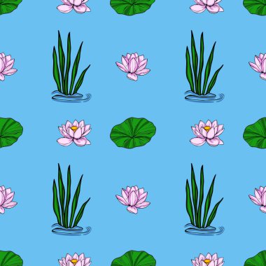 Narin pembe nilüfer çiçekleri, canlı yeşil nilüfer yaprakları ve yemyeşil su bitkilerinden oluşan pürüzsüz vektör deseni yumuşak mavi arka planda sakin bir su bahçesi sahnesi yaratıyor..