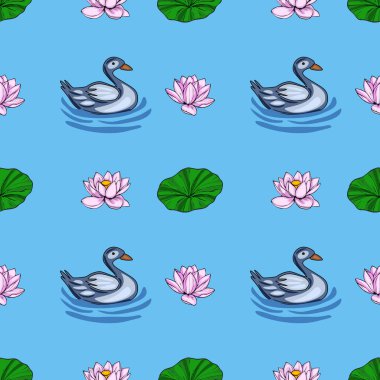 Pembe nilüfer çiçekleri ve nilüfer çiçekleri arasında yüzen biçimlendirilmiş ördekler içeren sakin ve pürüzsüz bir şablon..