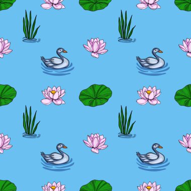 Zarif gri ördeklerin narin pembe nilüfer çiçekleri, canlı yeşil zambak pedleri ve sakin açık mavi arka planda yemyeşil su kamışları arasında yüzdüğü sakin, pürüzsüz bir vektör deseni..