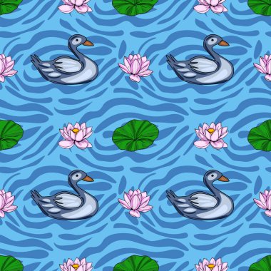 Hareketli mavi su yüzeyinde zarif bir şekilde süzülen biçimlendirilmiş gri ördekler içeren pürüzsüz vektör deseni narin pembe nilüfer çiçekleri ve yemyeşil nilüferler ile süslenmiş, sakin bir yeşil nilüfer yaprağı yaratıyor....