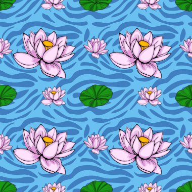 Şekillendirilmiş pembe nilüfer çiçekleri ve dalgalı mavi bir su yüzeyinde dalgalı, soyut bir dokuya sahip zambak pedleri içeren kusursuz bir vektör deseni..