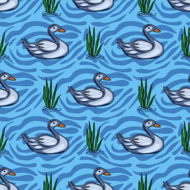 Hareketli mavi su yüzeyinde zarif bir şekilde süzülen biçimlendirilmiş gri ördekleri içeren sakin vektörsüz desen, yemyeşil kamışlarla karışarak sakin bir su manzarası yaratıyor..