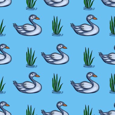 Şekillendirilmiş gri ördekler, dingin, açık mavi bir arkaplanda canlı yeşil kamışların arasında zarif bir şekilde yüzerler..