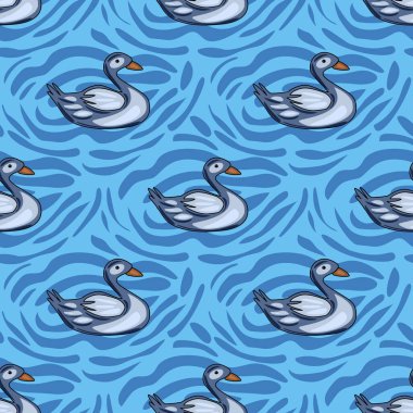 Dalgalı dinamik çizgilerle canlı mavi bir arka planda yüzen, hareketli ve rahatlatıcı bir su manzarası yaratan biçimlendirilmiş gri ördekler içeren kusursuz bir vektör deseni..