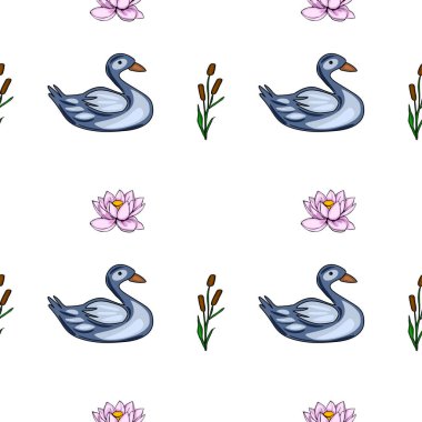 Şekil verilmiş ördekler, nilüferler ve kadife kuyruklar içeren, tekstil baskıları veya duvar kağıdı tasarımları için ideal sakin bir göl sahnesi oluşturan sakin vektörsüz desen..