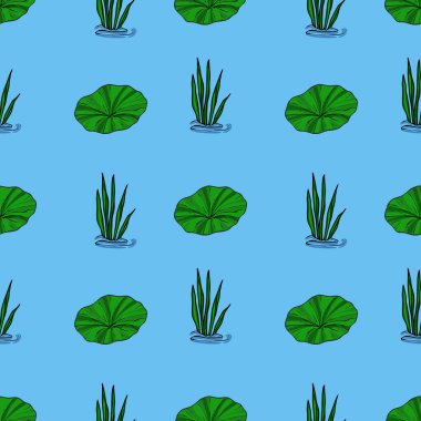 Sakin bir açık mavi su yüzeyinde yüzen canlı yeşil zambak ve su otlarının şekillendirilmiş çizimlerini içeren kusursuz bir vektör deseni, dingin ve ferahlatıcı bir tasarım yaratıyor..