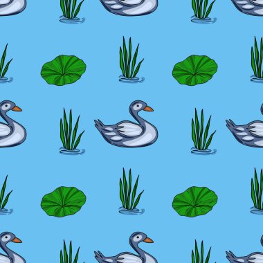 Hareketli yeşil nilüfer yaprakları arasında yüzen ve sakin, açık mavi bir su zemininde sazlıklar üzerinde yüzen biçimlendirilmiş gri ördekleri içeren durgun vektörsüz desen..