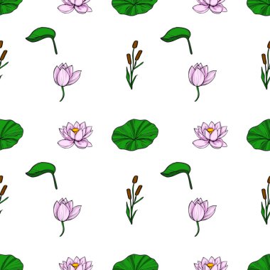 Bu vektör pürüzsüz desen, soluk pembe nilüfer çiçekleri, canlı yeşil zambak pedleri ve ince kahverengi kadife kuyruklar gibi narin bir düzenleme içerir..