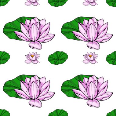 Pembe nilüfer çiçekleri ve canlı yeşil zambak pedleri içeren hassas ve pürüzsüz bir vektör deseni, çeşitli uygulamalar için sakin ve zarif bir çiçek tasarımı yaratıyor..
