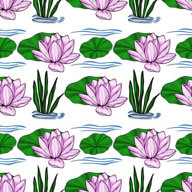 Zarif pembe nilüferler, canlı yeşil nilüferler ve bereketli su bitkileri içeren sakin, açık mavi bir su yüzeyinde zarifçe süzülen vektörsüz desenler..