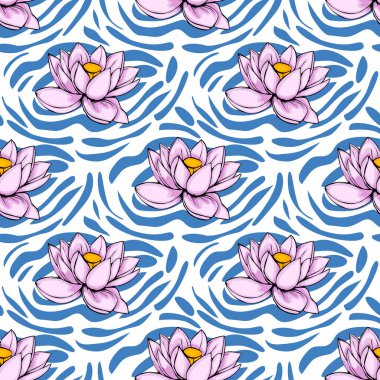Sitilleştirilmiş pembe nilüfer çiçekleri içeren kusursuz vektör deseni canlı mavi ve beyaz soyut bir arka plan üzerinde zarif bir şekilde düzenlenerek, sakin ve modern bir tasarım yaratıyor..