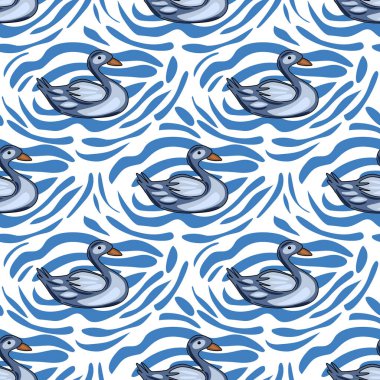 Şekillendirilmiş gri kuğuları içeren kusursuz bir vektör deseni soyut mavi ve beyaz dalgalı bir arka planda süzülerek sakin ve zarif bir tasarım yaratıyor..