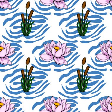 Pembe nilüfer çiçekleri ve soyut mavi ve beyaz dalgalı bir arka planda kabarcıklar içeren kusursuz bir vektör deseni, sakin ve zarif bir su tasarımı oluşturur..
