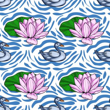Mavi su dalgaları arasında çiçek açan biçimlendirilmiş pembe nilüfer çiçekleri ve zarif gri ördeklerin eşlik ettiği pürüzsüz bir şablon, sakin bir su manzarası yaratıyor..