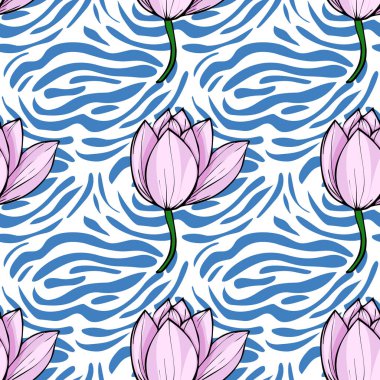 Zarif pembe nilüfer çiçekleri içeren kusursuz vektör deseni dinamik, soyut mavi ve beyaz zebra benzeri bir dalga arkaplanı üzerinde zarif bir şekilde düzenlenerek canlı ve şık bir tasarım yaratıyor..