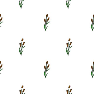 Beyaz arka planda yeşil yapraklı biçimlendirilmiş kahverengi kuyruklu kusursuz vektör deseni, minimalist ve doğal bir tasarım yaratıyor..