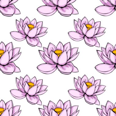 Zarif, pürüzsüz bir desen, parlak sarı merkezli narin lavanta nilüfer çiçeklerinin tekrarlayan motifi, pürüzsüz beyaz bir arka planda yer alır..