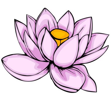 Bu vektör çizimi, modern bir estetik için el çizimi ve dijital sanat tekniklerinin eşsiz bir karışımını sergileyen canlı sarı merkezli biçimlendirilmiş pembe nilüfer çiçeğini içerir..