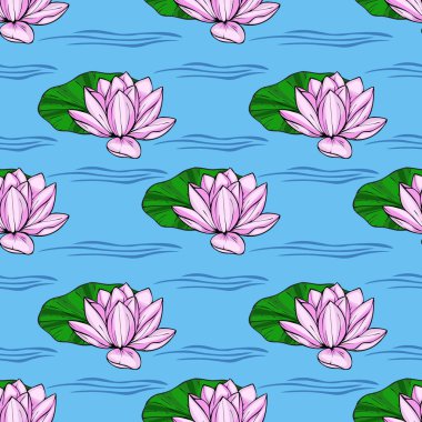 Zarif pembe nilüferlerin zarif bir şekilde açık mavi su yüzeyinde yüzdüğü, dalgalı çizgilerle dokulu, sakin ve zarif bir tasarım yaratan sakin bir vektör deseni..