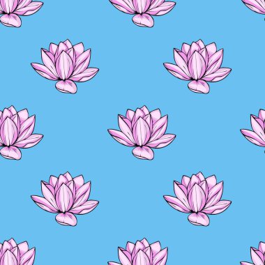 Pembe nilüfer çiçeklerinin canlı bir açık mavi arkaplan üzerinde durgun ve zarif bir tasarım yaratarak çeşitli uygulamalar için ideal bir tasarım oluşturduğu kusursuz bir vektör deseni..